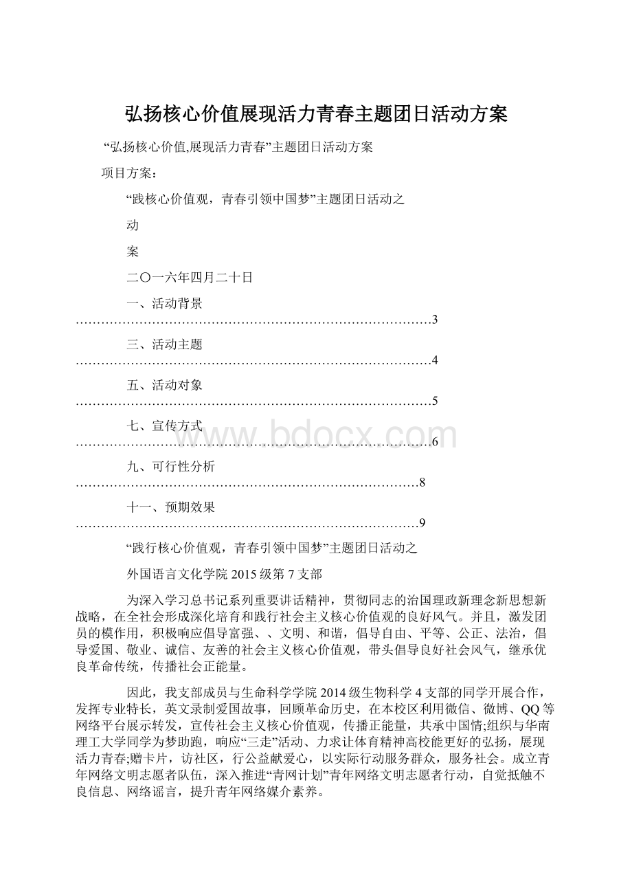 弘扬核心价值展现活力青春主题团日活动方案.docx