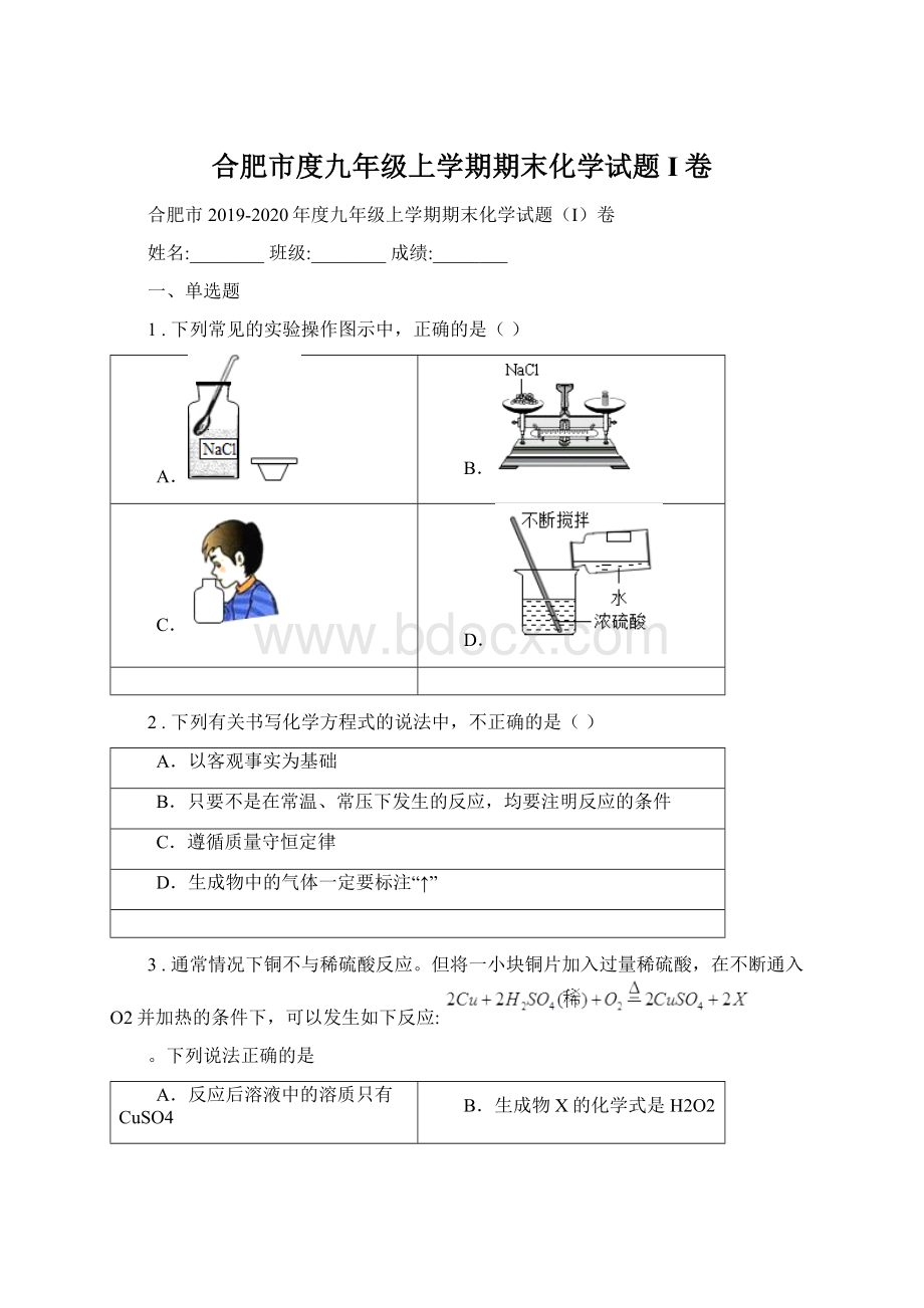 合肥市度九年级上学期期末化学试题I卷Word格式.docx