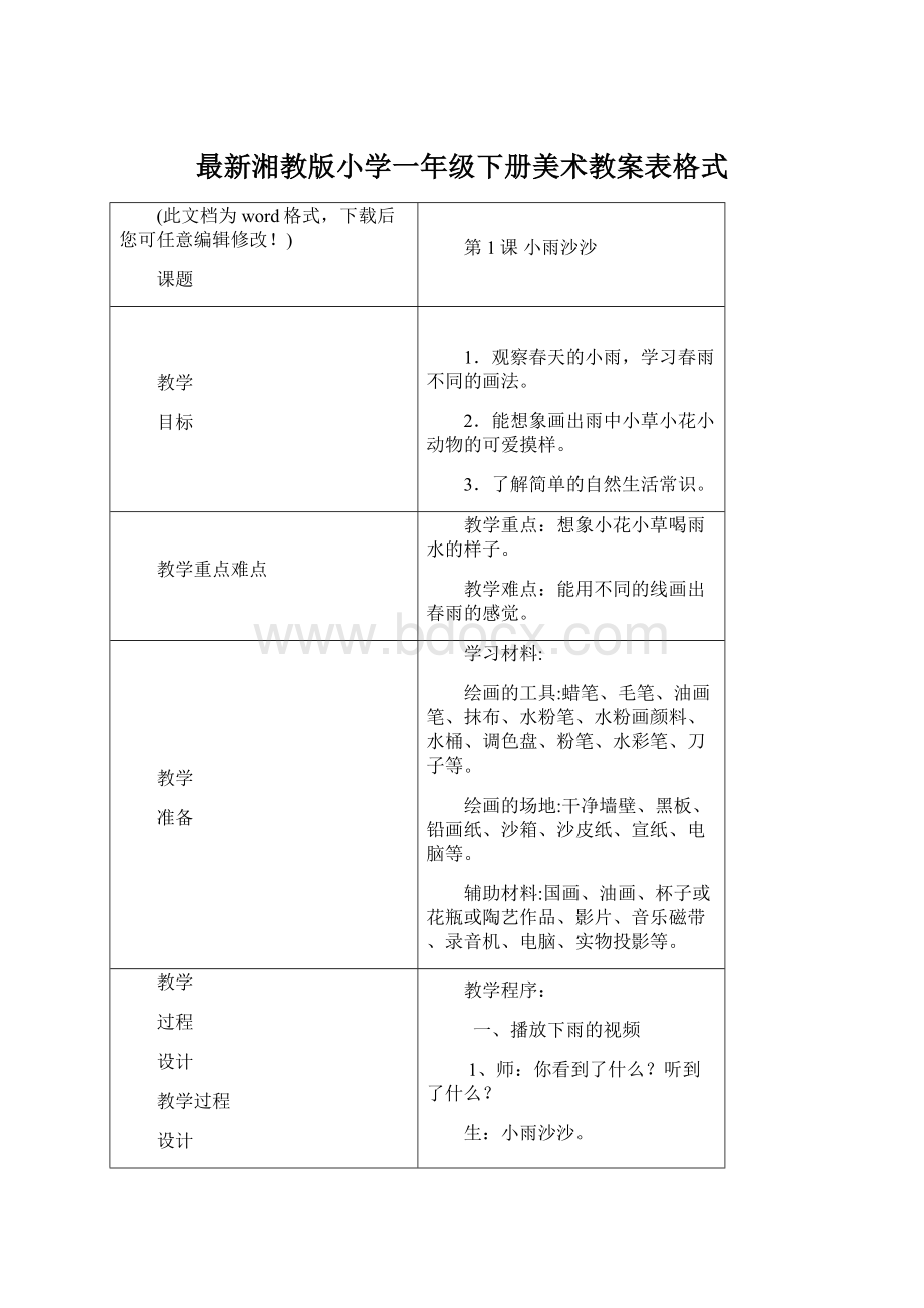 最新湘教版小学一年级下册美术教案表格式Word格式文档下载.docx