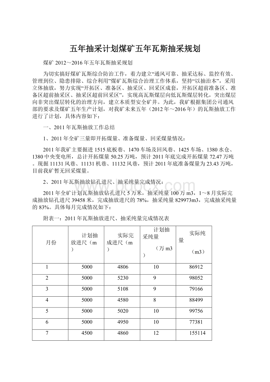 五年抽采计划煤矿五年瓦斯抽采规划文档格式.docx_第1页