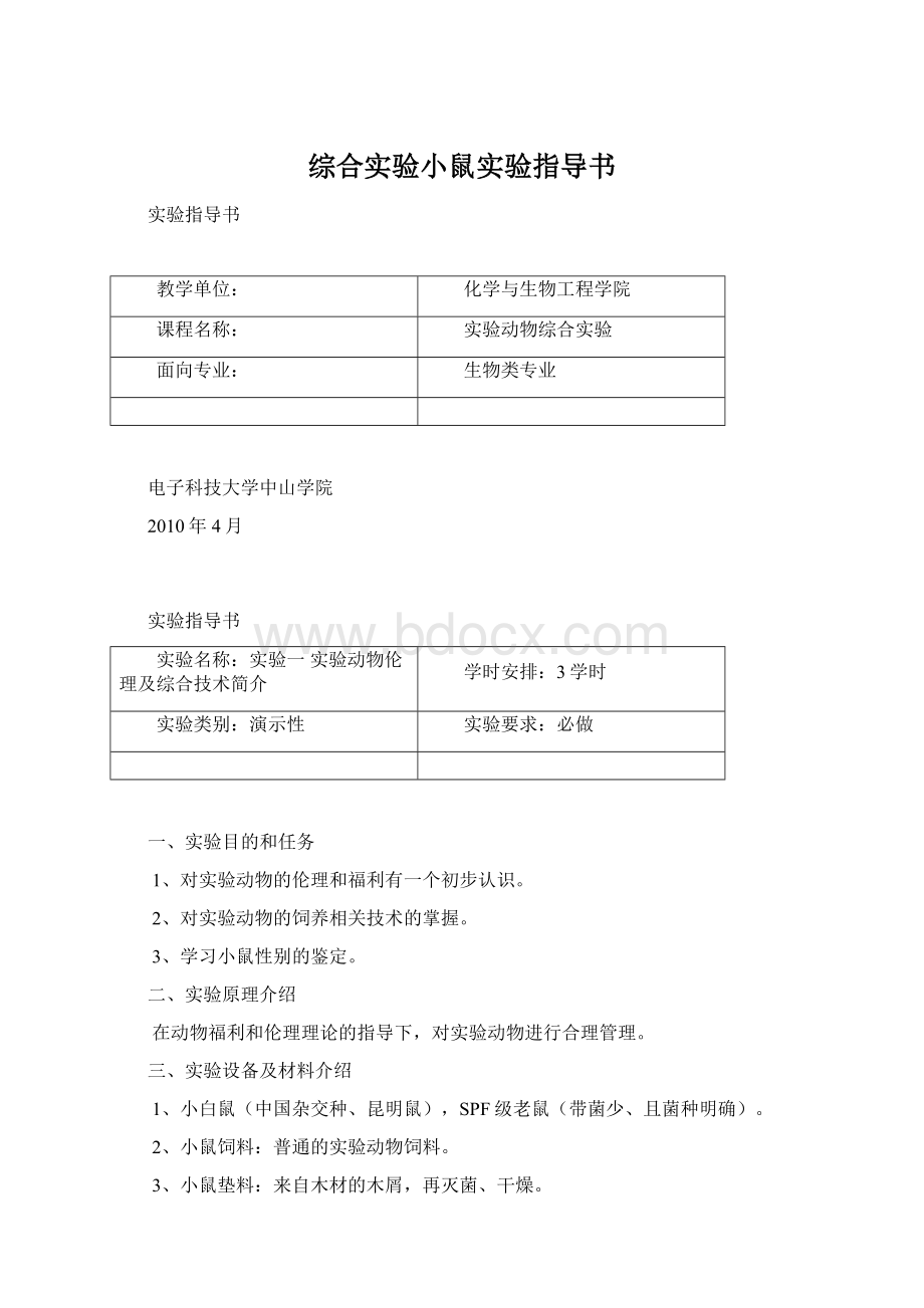 综合实验小鼠实验指导书Word文档格式.docx