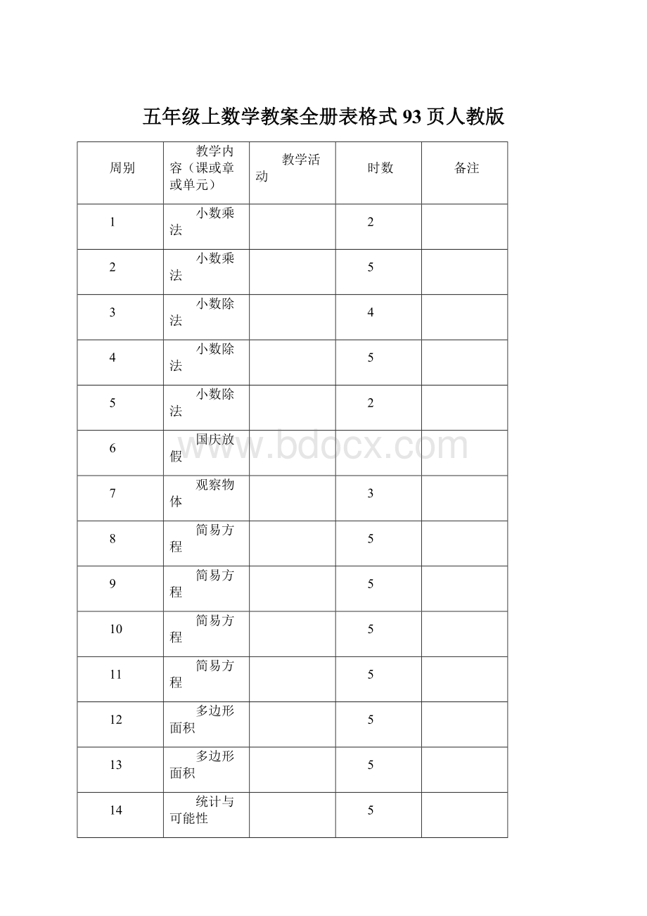 五年级上数学教案全册表格式93页人教版.docx