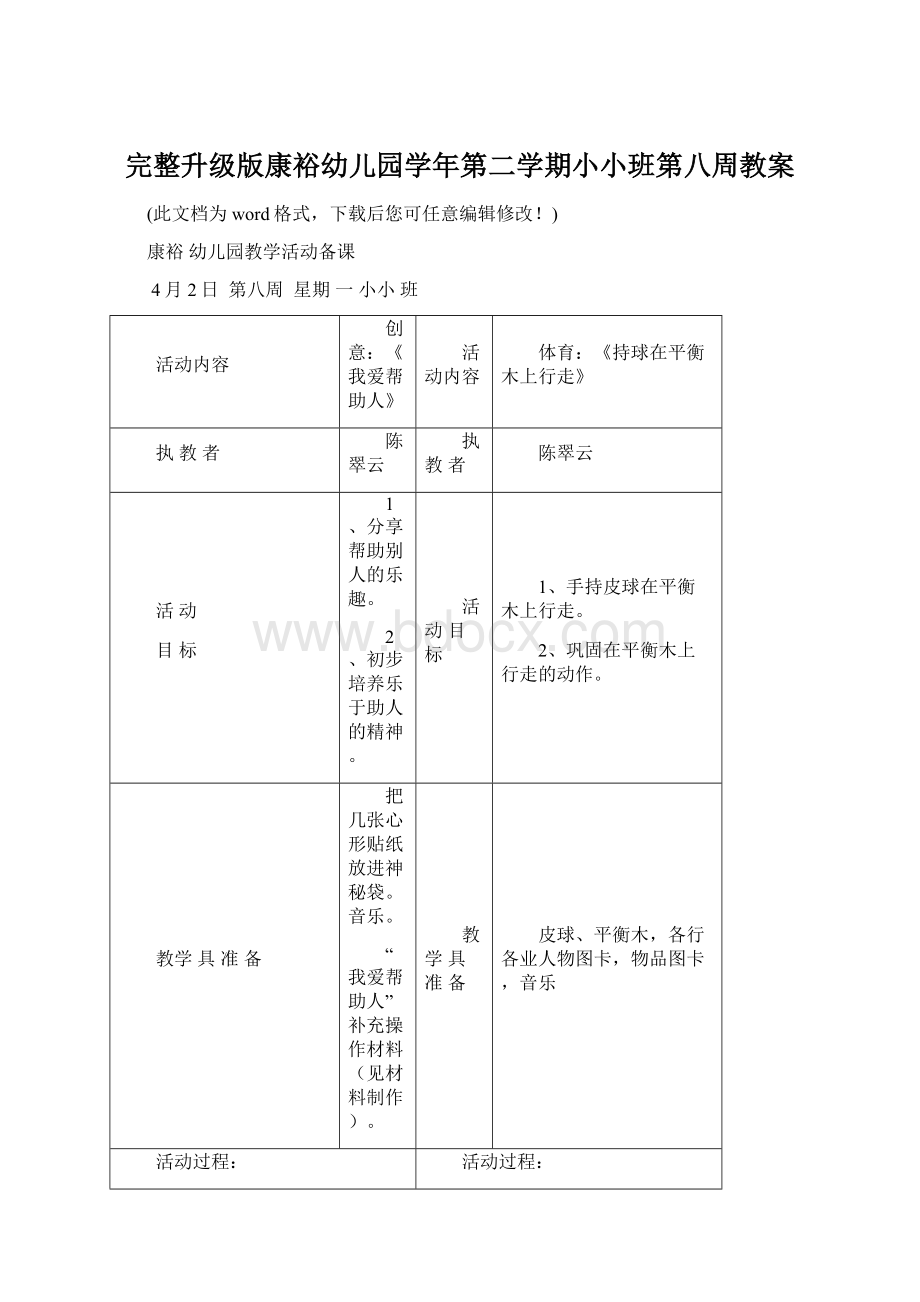 完整升级版康裕幼儿园学年第二学期小小班第八周教案Word下载.docx_第1页