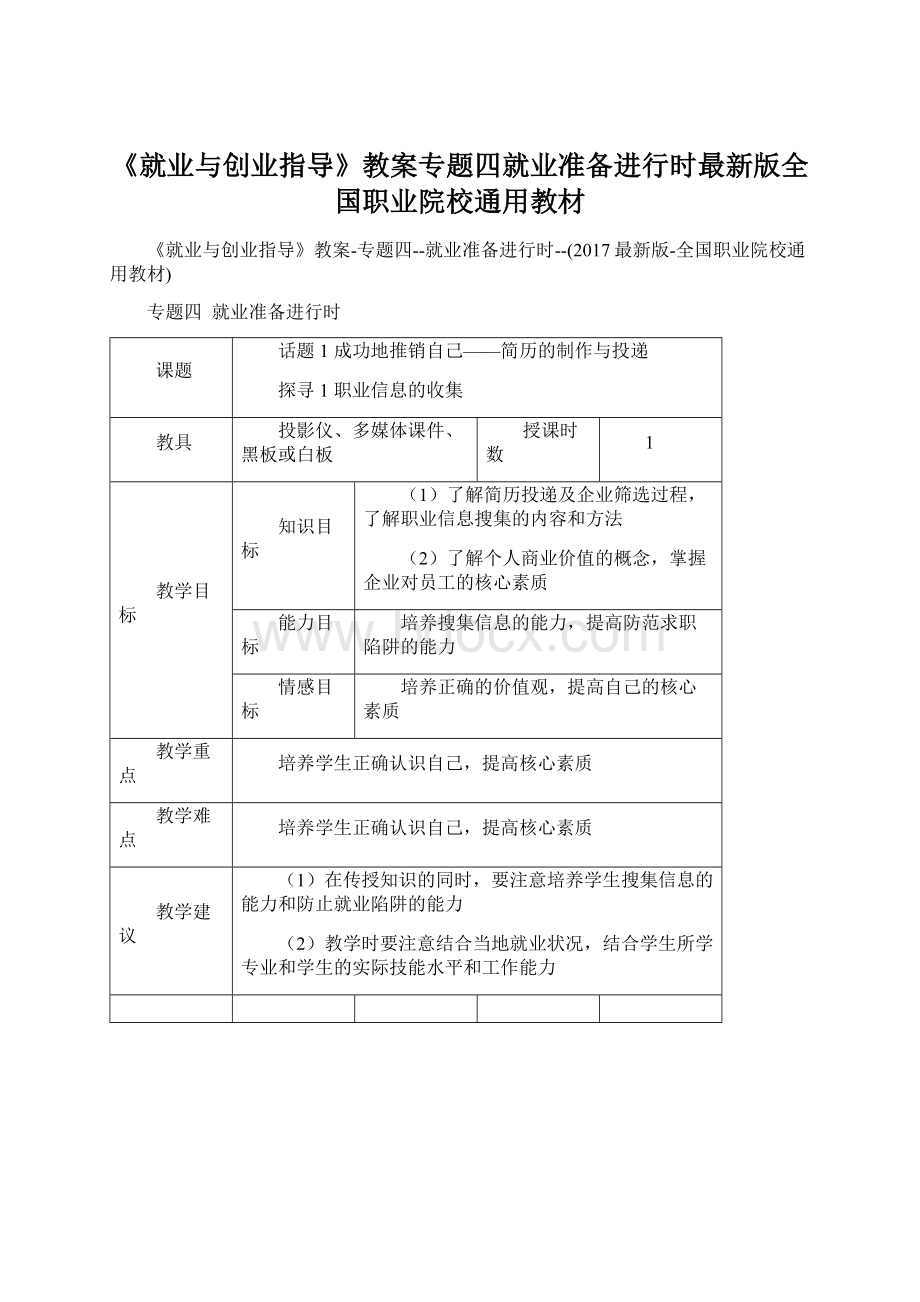 《就业与创业指导》教案专题四就业准备进行时最新版全国职业院校通用教材Word下载.docx