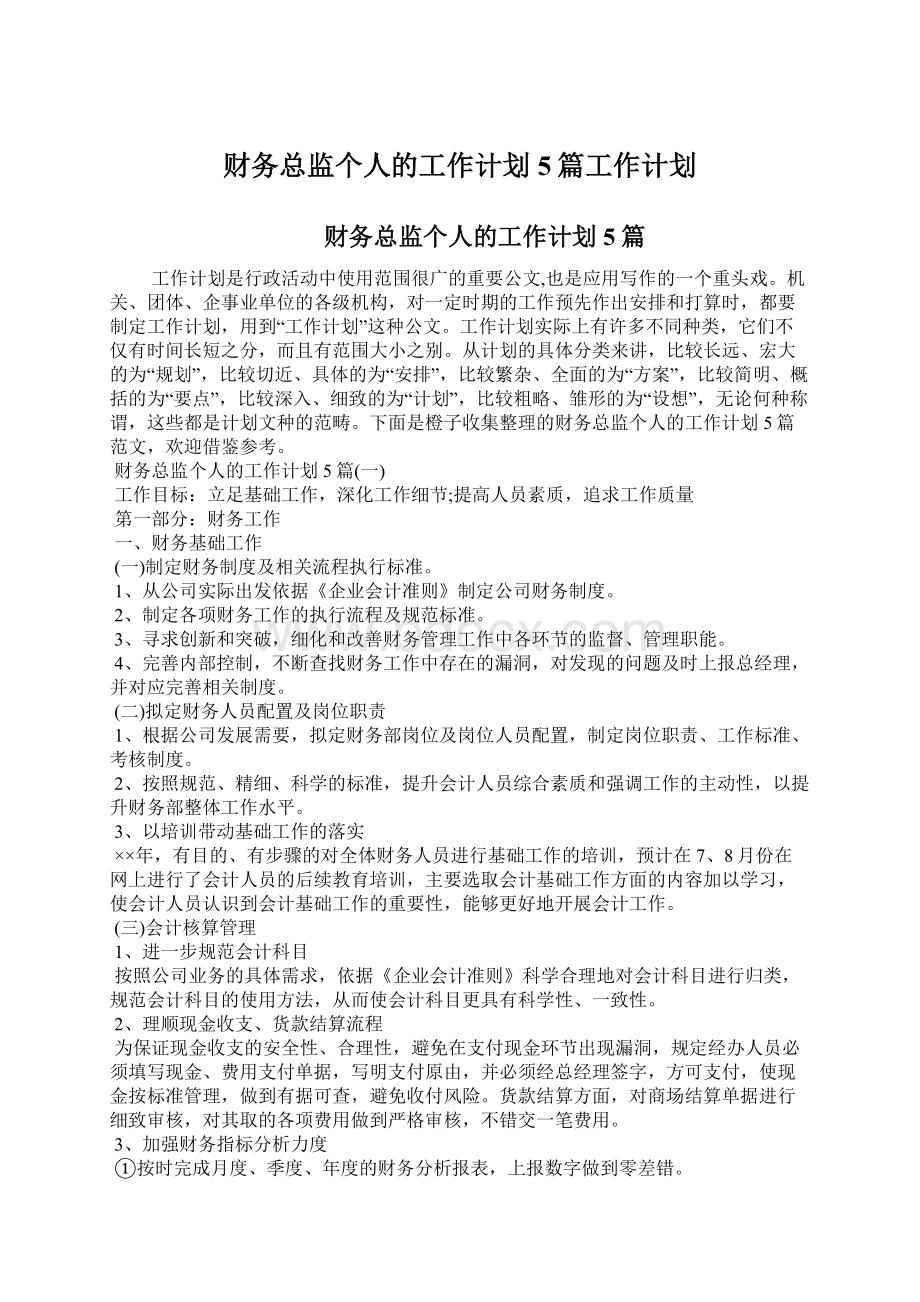 财务总监个人的工作计划5篇工作计划Word格式文档下载.docx