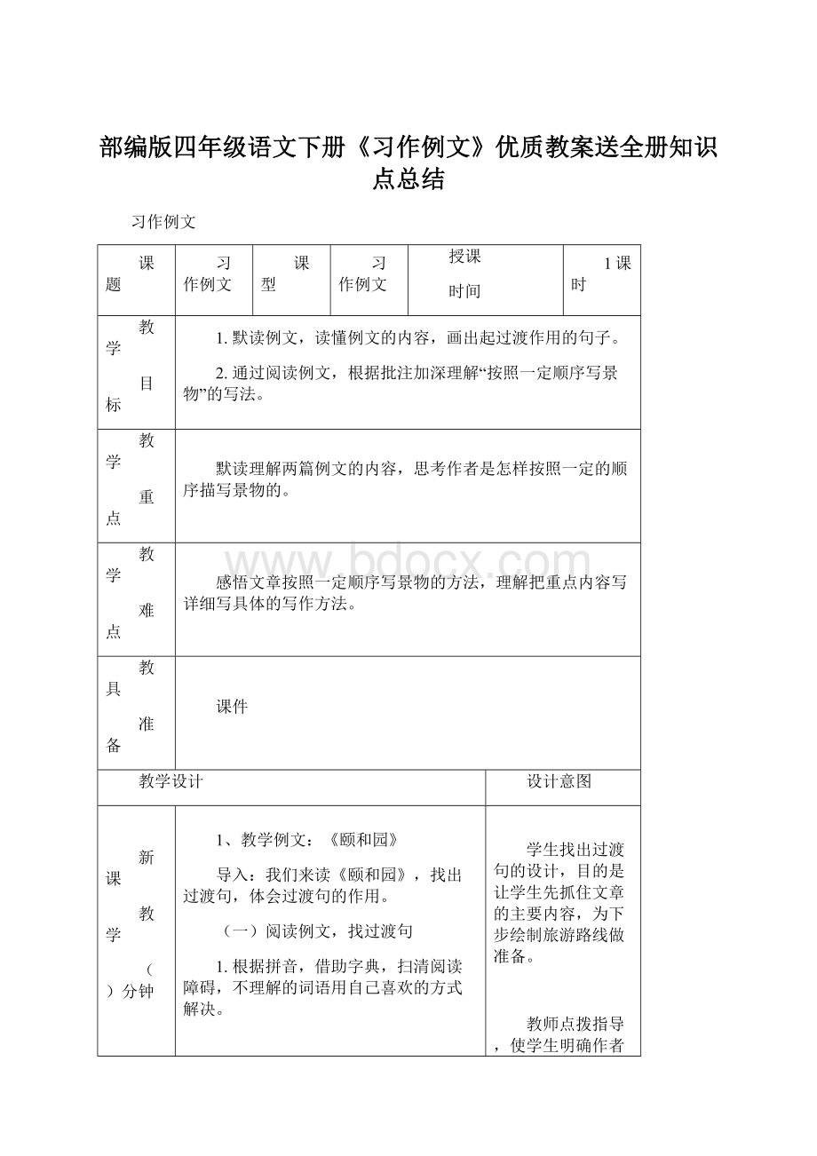 部编版四年级语文下册《习作例文》优质教案送全册知识点总结Word文档下载推荐.docx