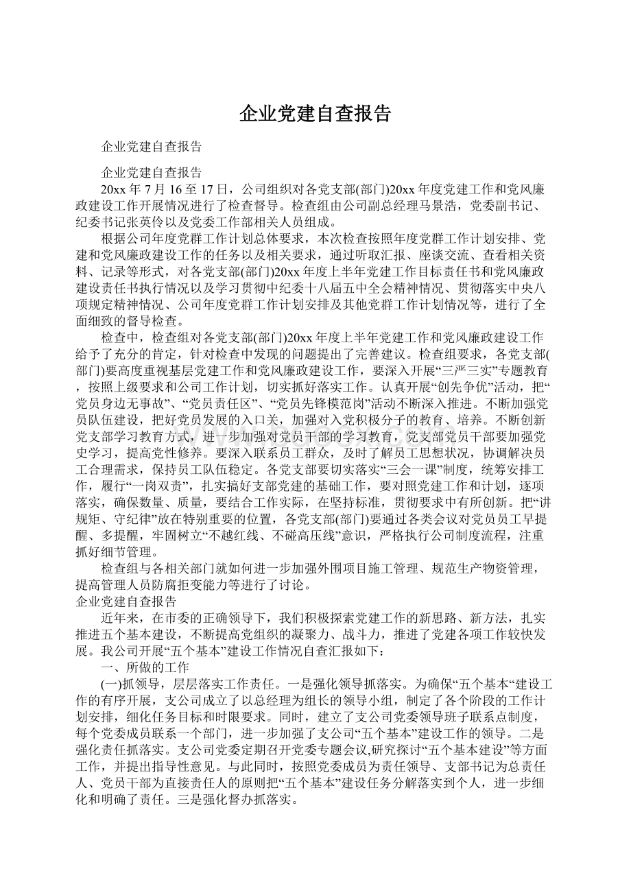 企业党建自查报告Word文档格式.docx