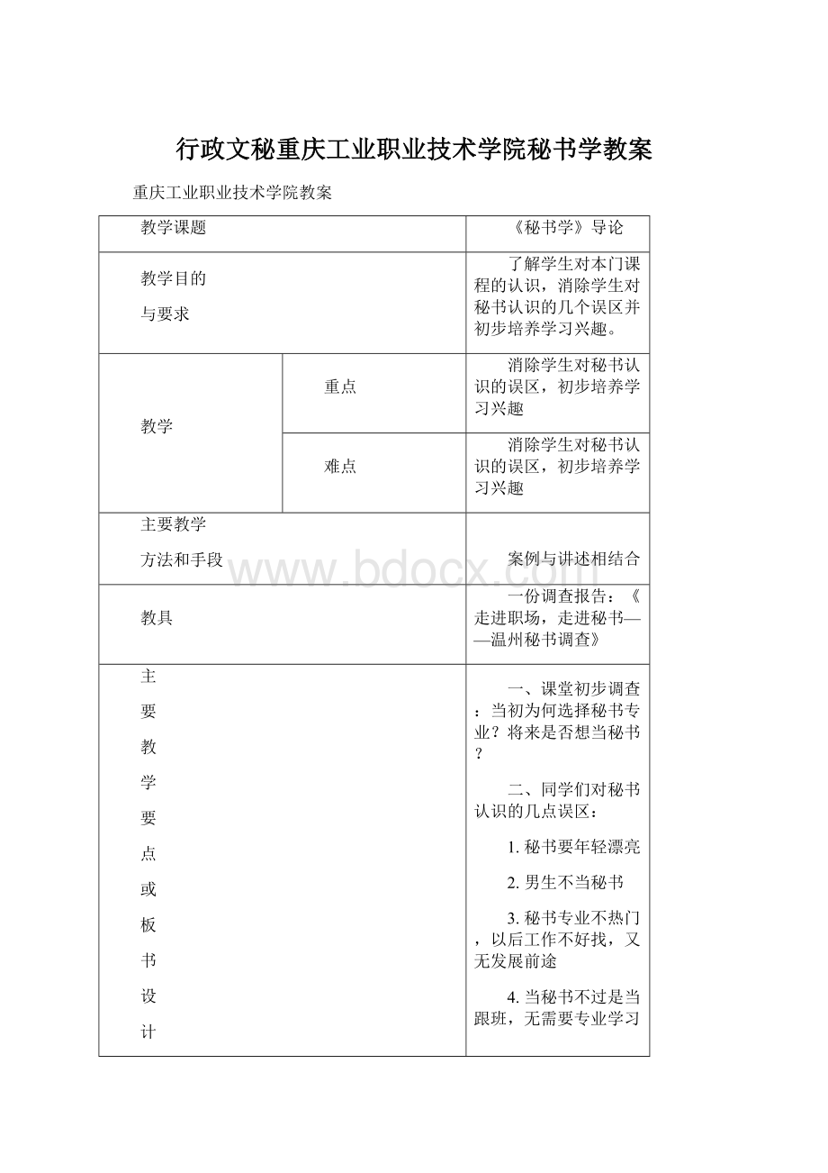 行政文秘重庆工业职业技术学院秘书学教案Word文档格式.docx