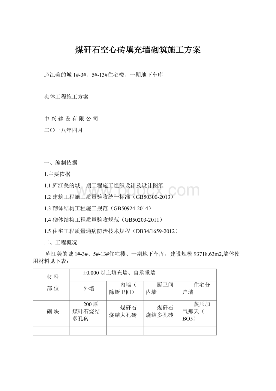 煤矸石空心砖填充墙砌筑施工方案Word格式文档下载.docx