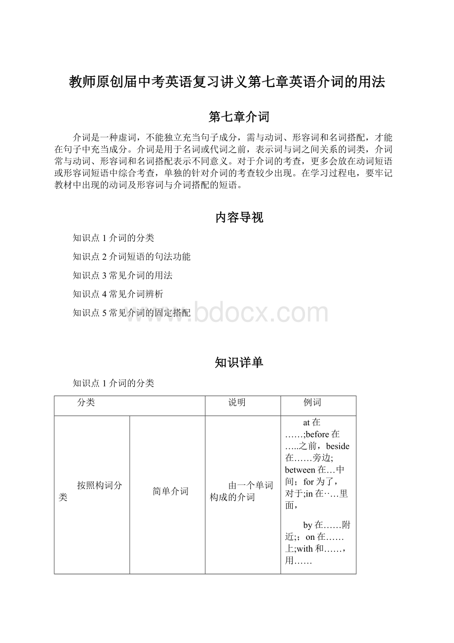 教师原创届中考英语复习讲义第七章英语介词的用法.docx