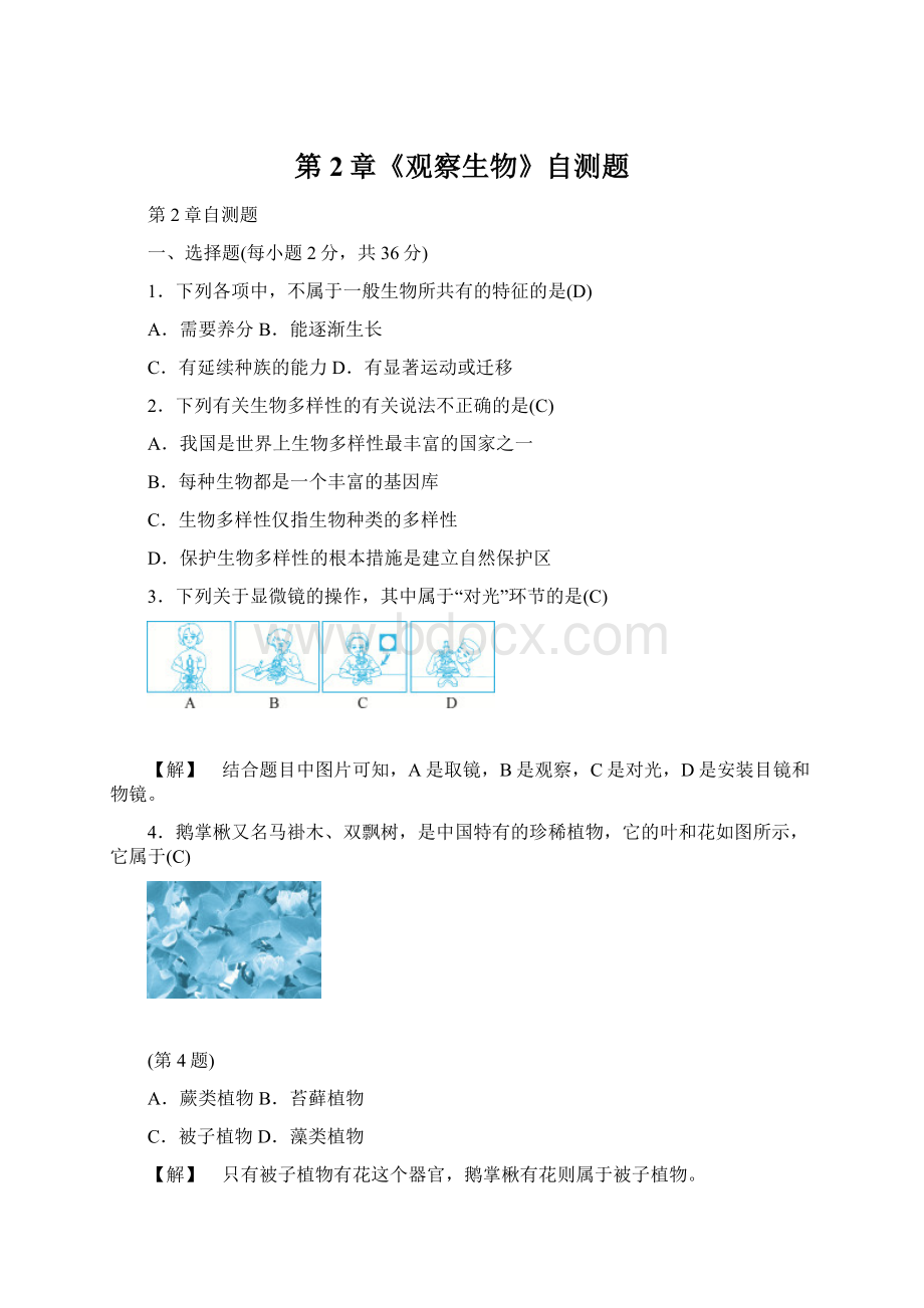 第2章《观察生物》自测题Word文档下载推荐.docx