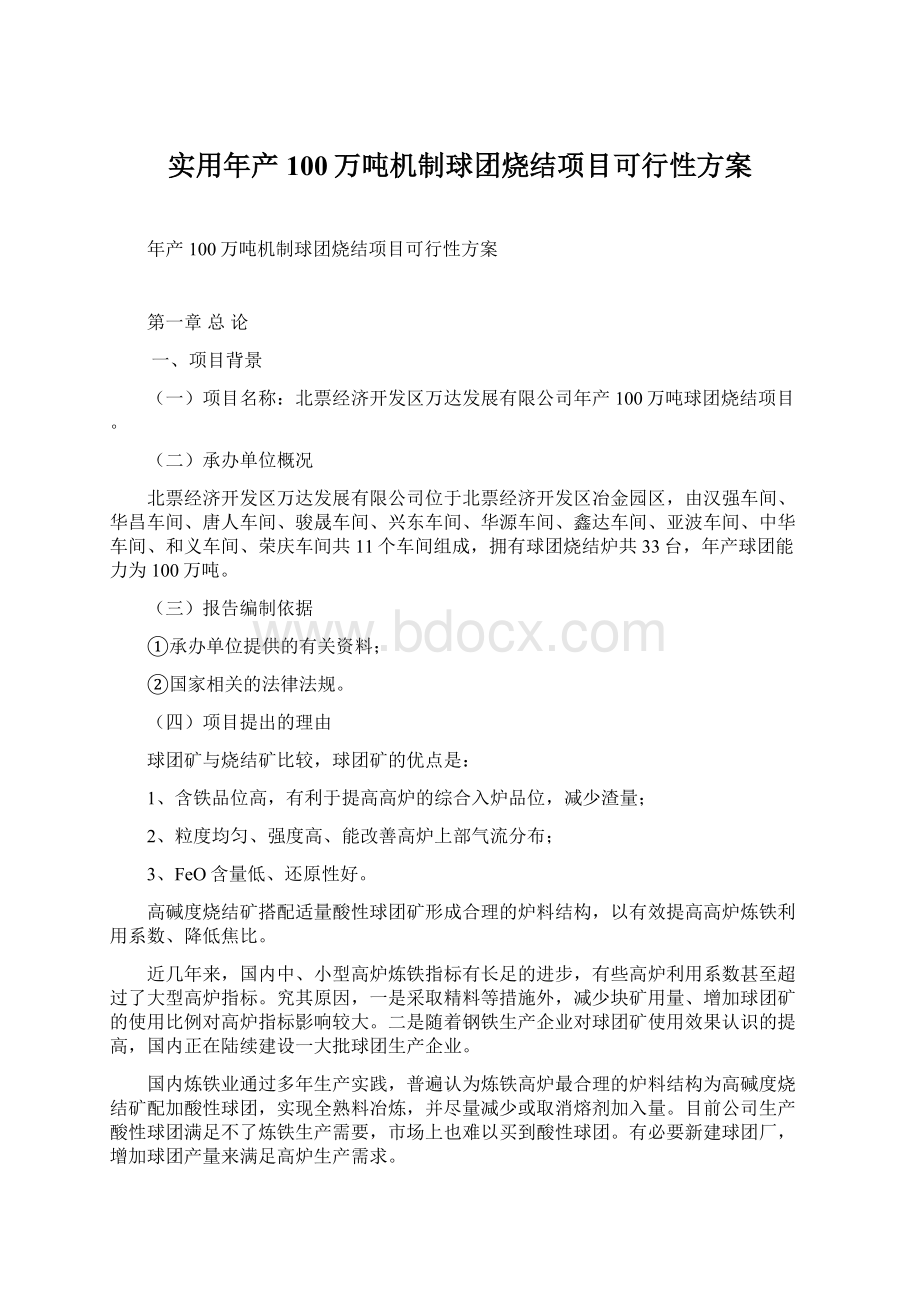 实用年产100万吨机制球团烧结项目可行性方案文档格式.docx