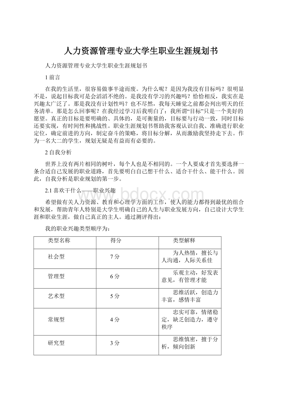 人力资源管理专业大学生职业生涯规划书文档格式.docx