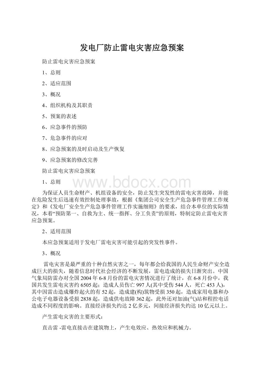 发电厂防止雷电灾害应急预案.docx_第1页