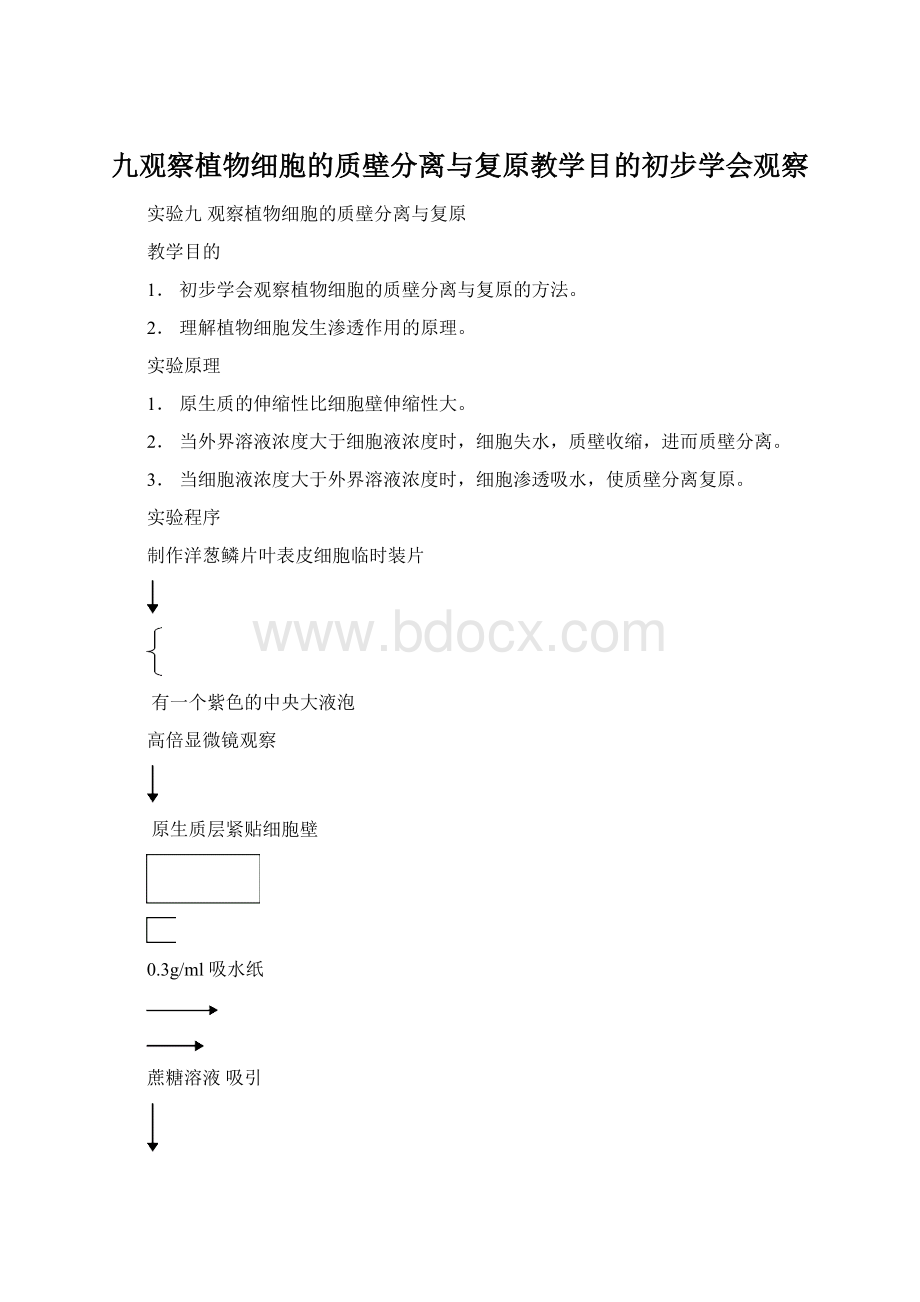 九观察植物细胞的质壁分离与复原教学目的初步学会观察.docx_第1页