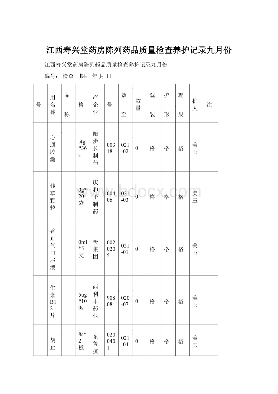 江西寿兴堂药房陈列药品质量检查养护记录九月份.docx