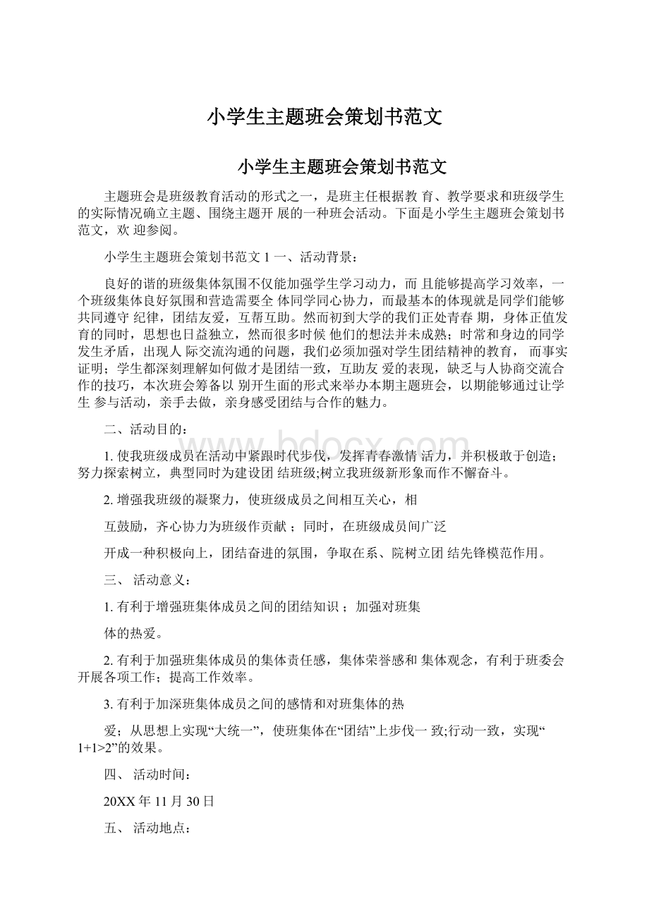 小学生主题班会策划书范文Word格式.docx