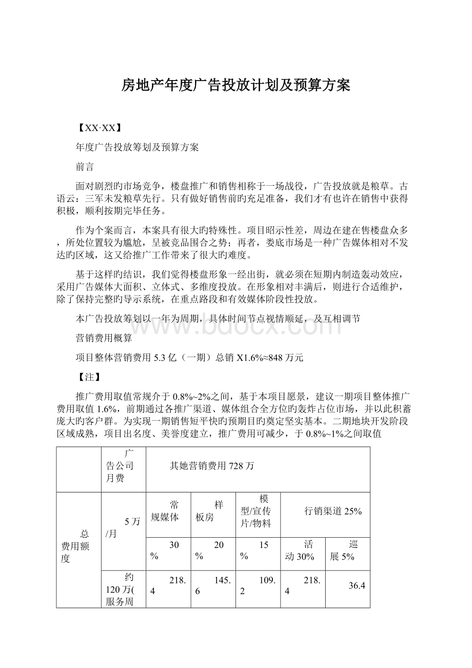 房地产年度广告投放计划及预算方案Word格式.docx