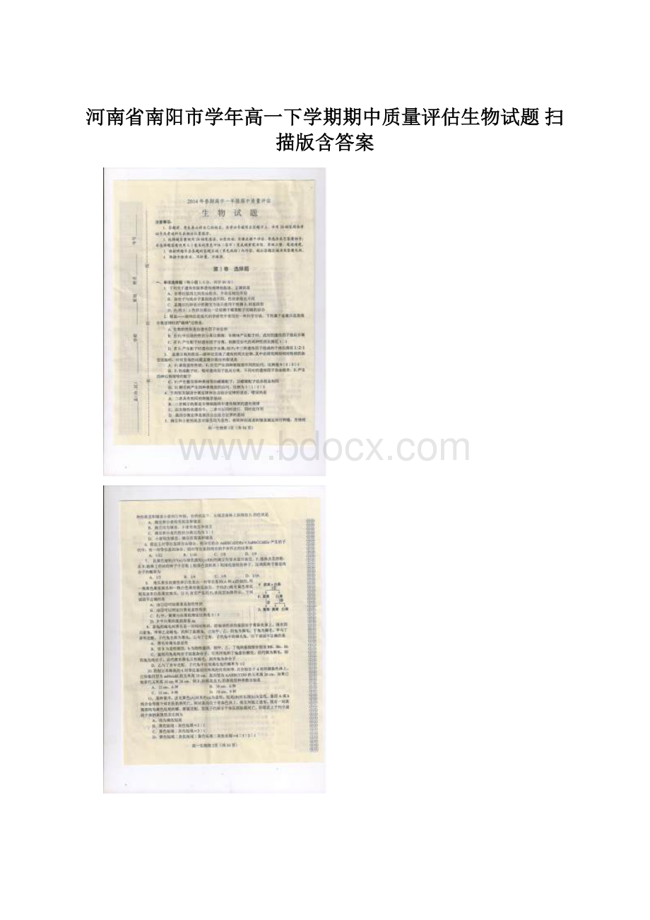 河南省南阳市学年高一下学期期中质量评估生物试题 扫描版含答案.docx_第1页