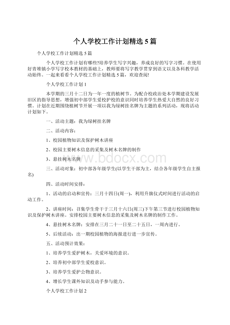 个人学校工作计划精选5篇Word文件下载.docx_第1页