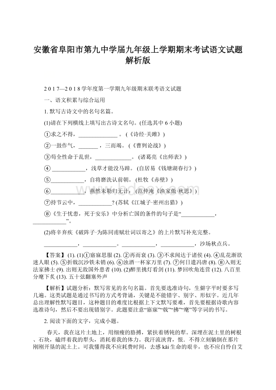 安徽省阜阳市第九中学届九年级上学期期末考试语文试题解析版Word文件下载.docx