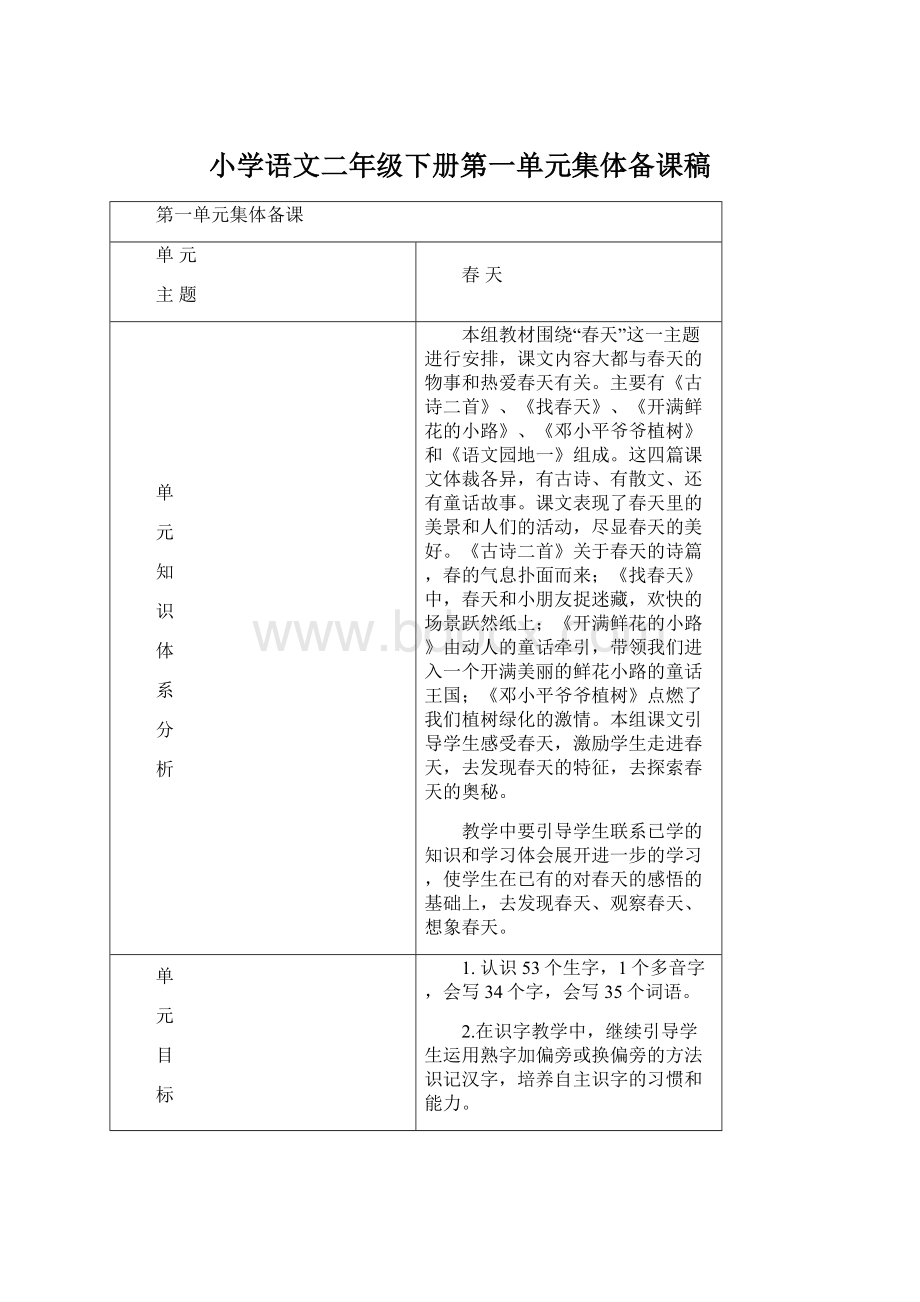 小学语文二年级下册第一单元集体备课稿Word格式.docx_第1页