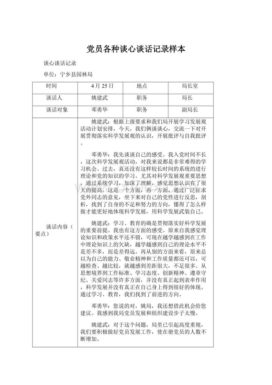 党员各种谈心谈话记录样本Word文档格式.docx