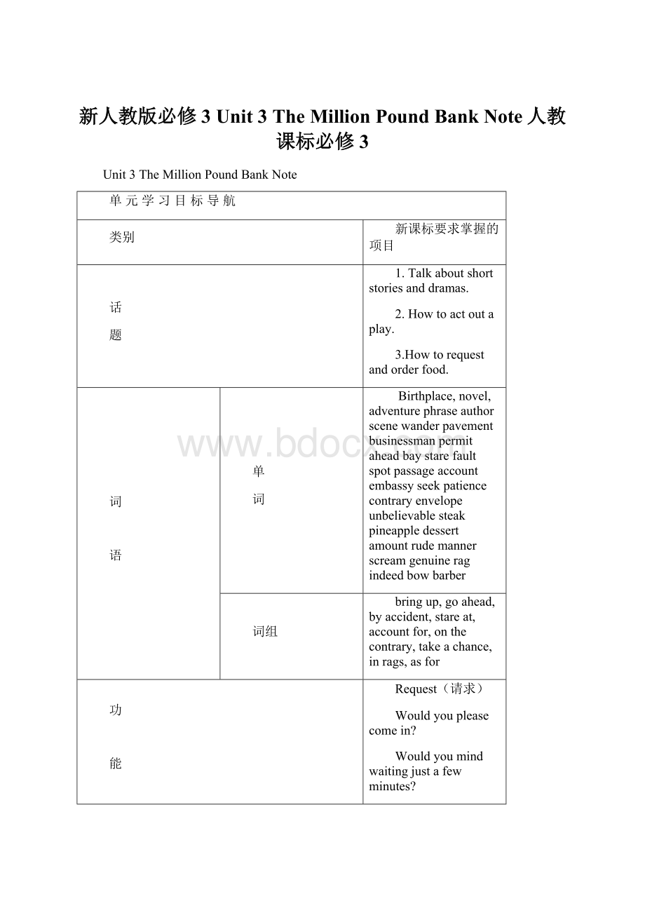 新人教版必修3 Unit 3 The Million Pound Bank Note人教课标必修3.docx_第1页