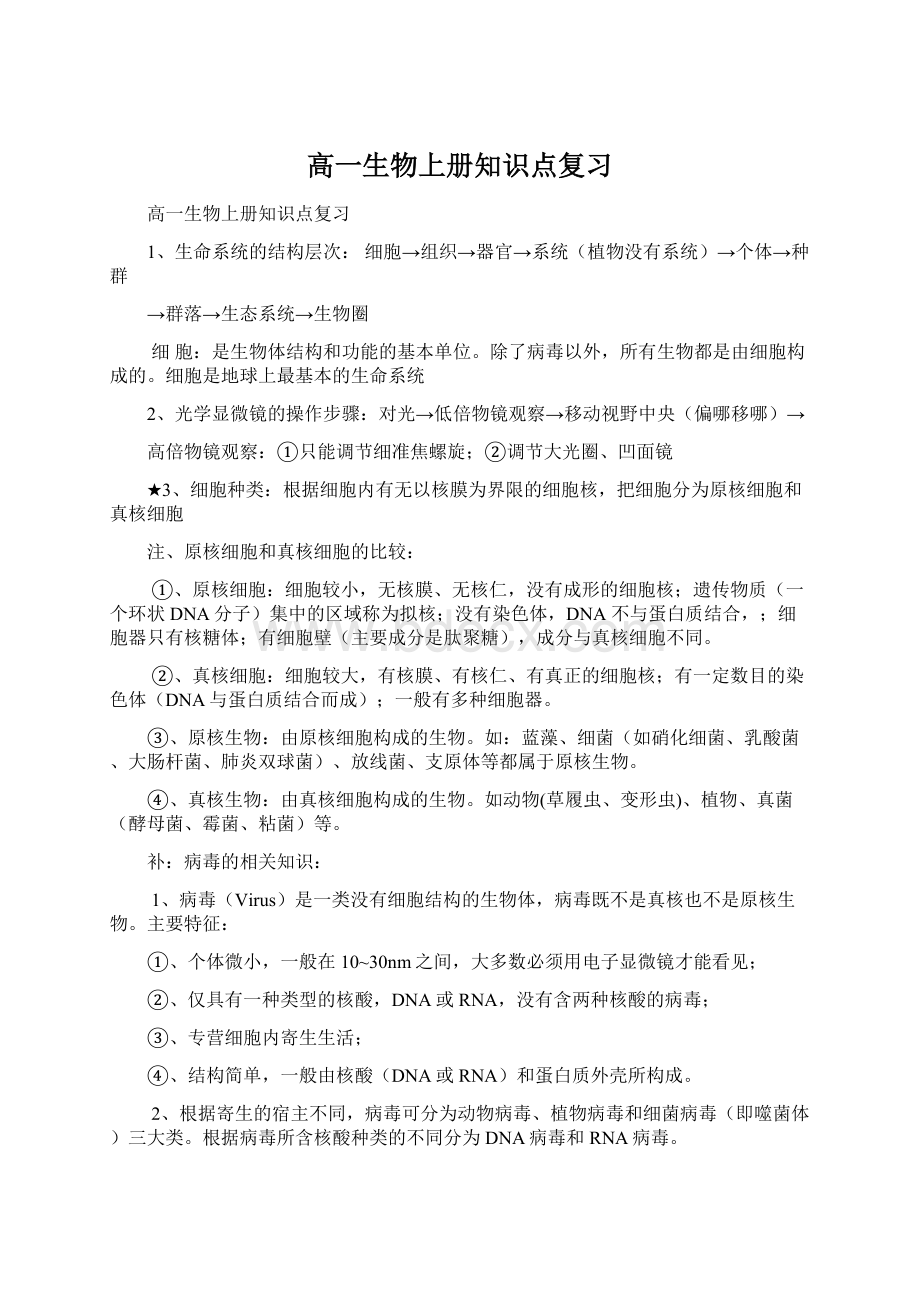 高一生物上册知识点复习Word文档格式.docx