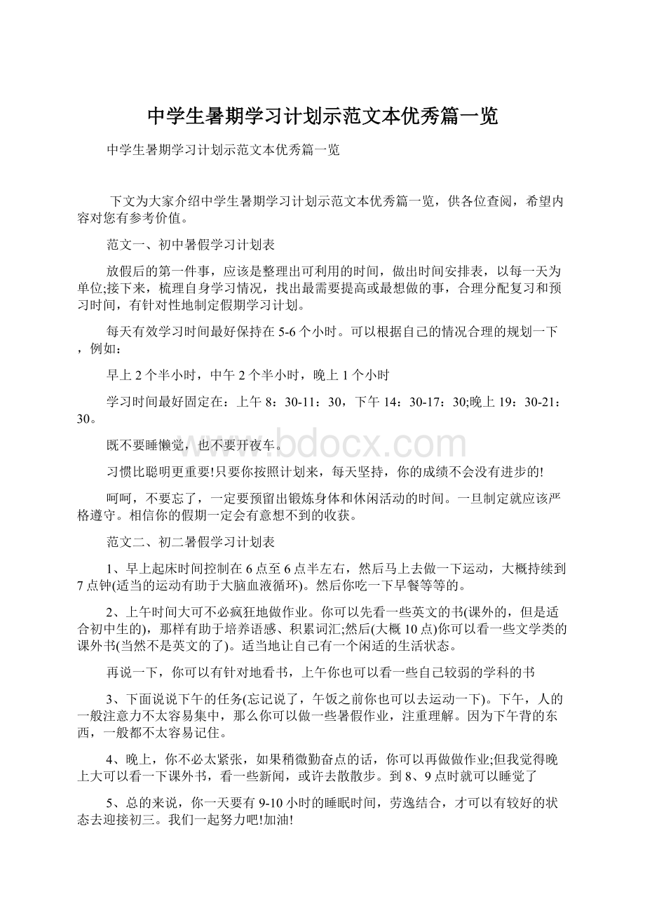 中学生暑期学习计划示范文本优秀篇一览Word格式文档下载.docx