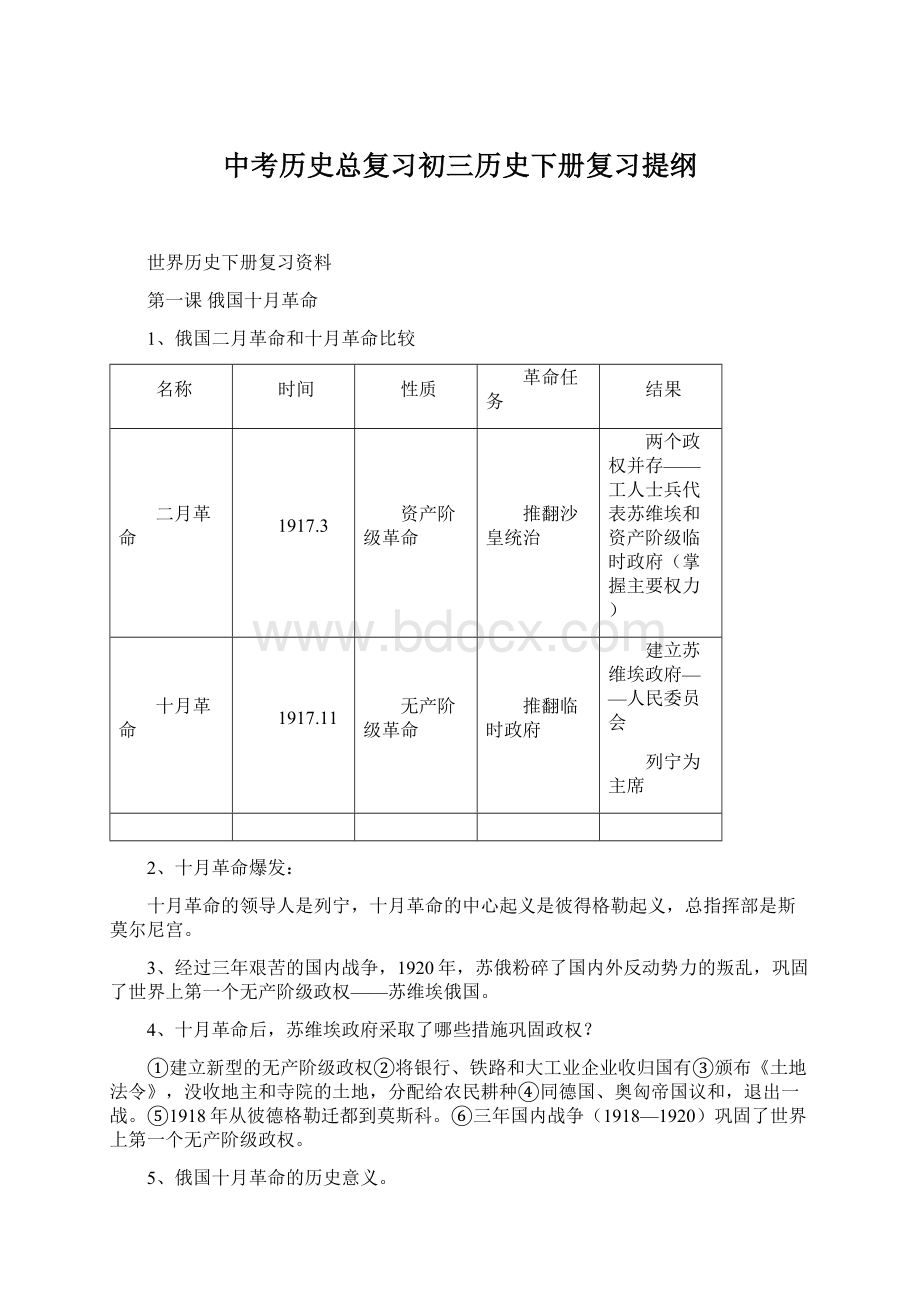 中考历史总复习初三历史下册复习提纲.docx