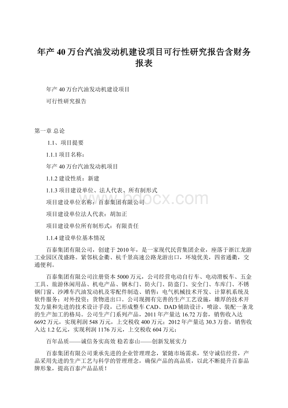 年产40万台汽油发动机建设项目可行性研究报告含财务报表Word文档下载推荐.docx