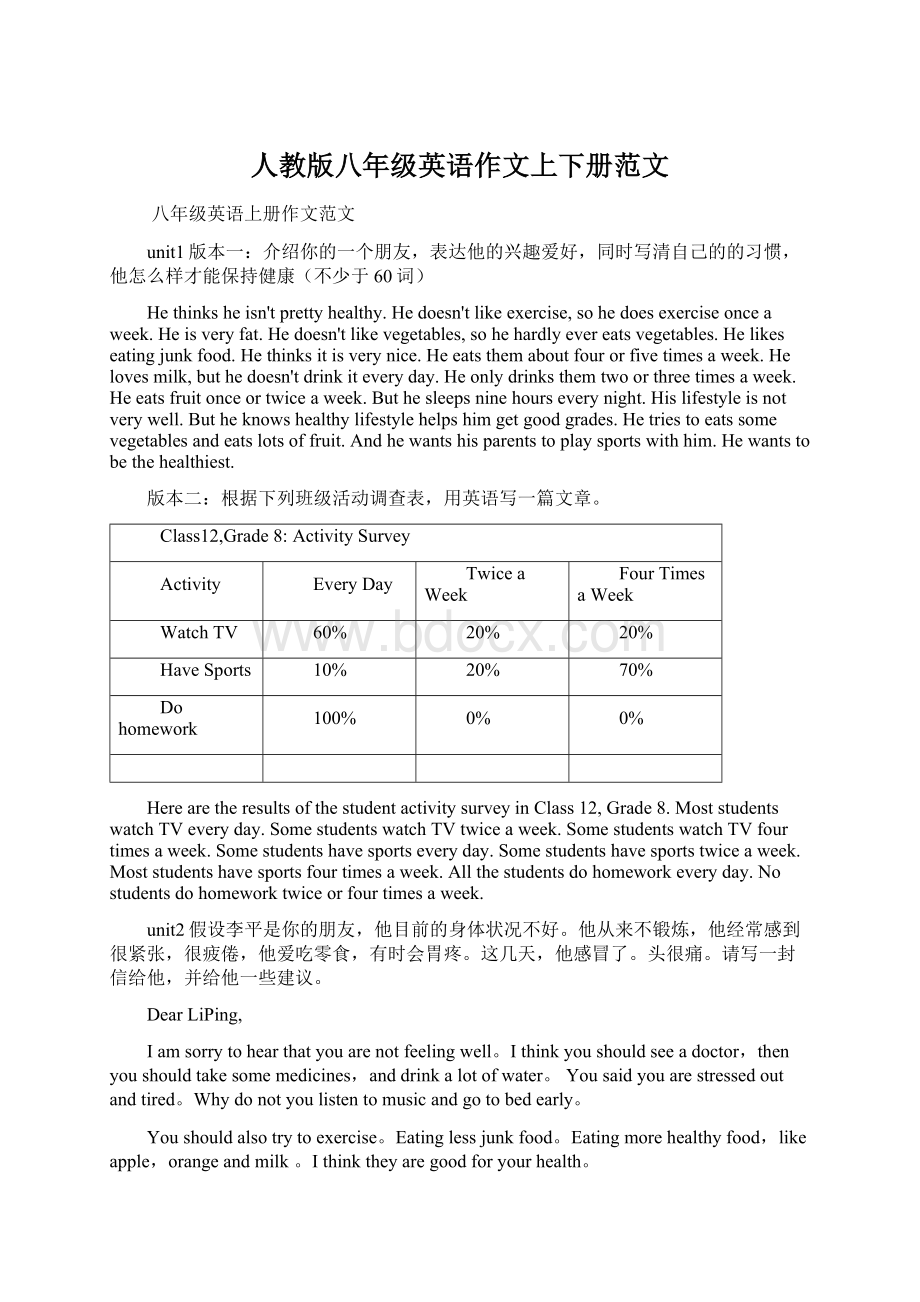 人教版八年级英语作文上下册范文.docx