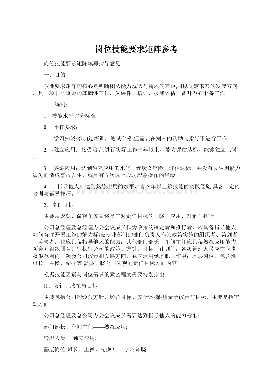 岗位技能要求矩阵参考Word文档格式.docx