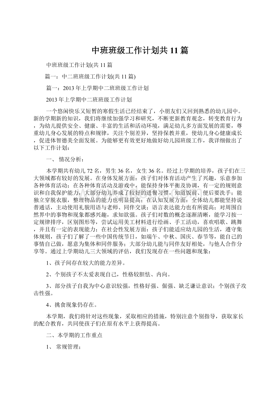 中班班级工作计划共11篇.docx