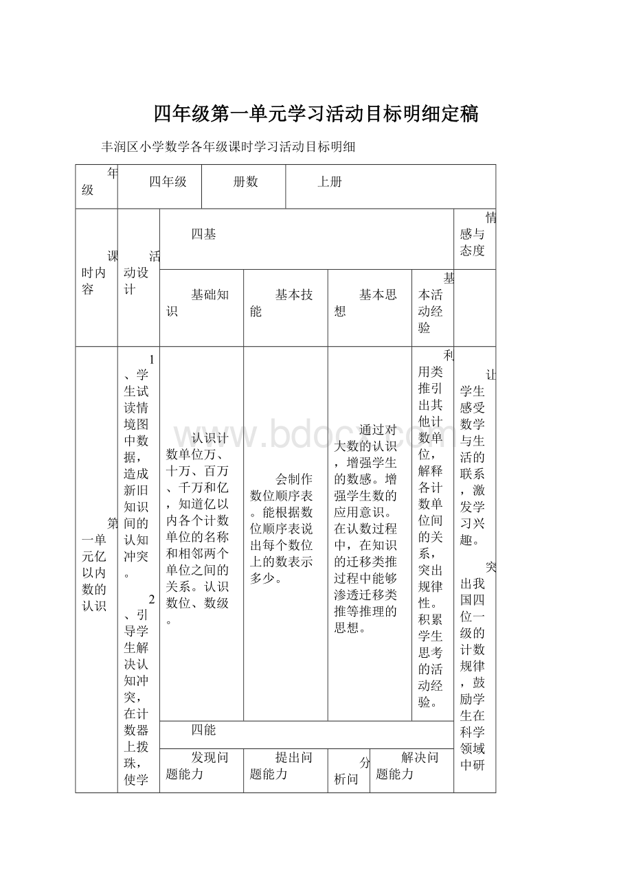 四年级第一单元学习活动目标明细定稿Word文档下载推荐.docx_第1页