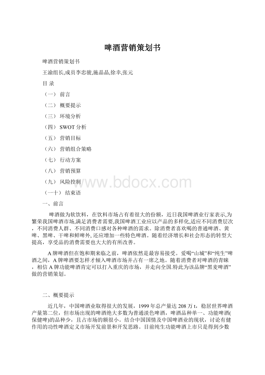 啤酒营销策划书Word文档格式.docx