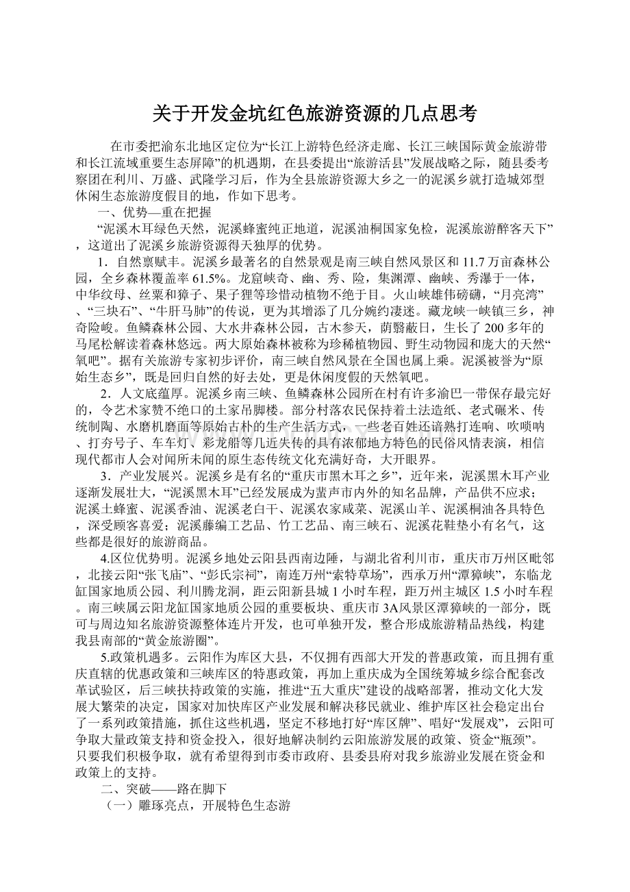 关于开发金坑红色旅游资源的几点思考Word格式.docx