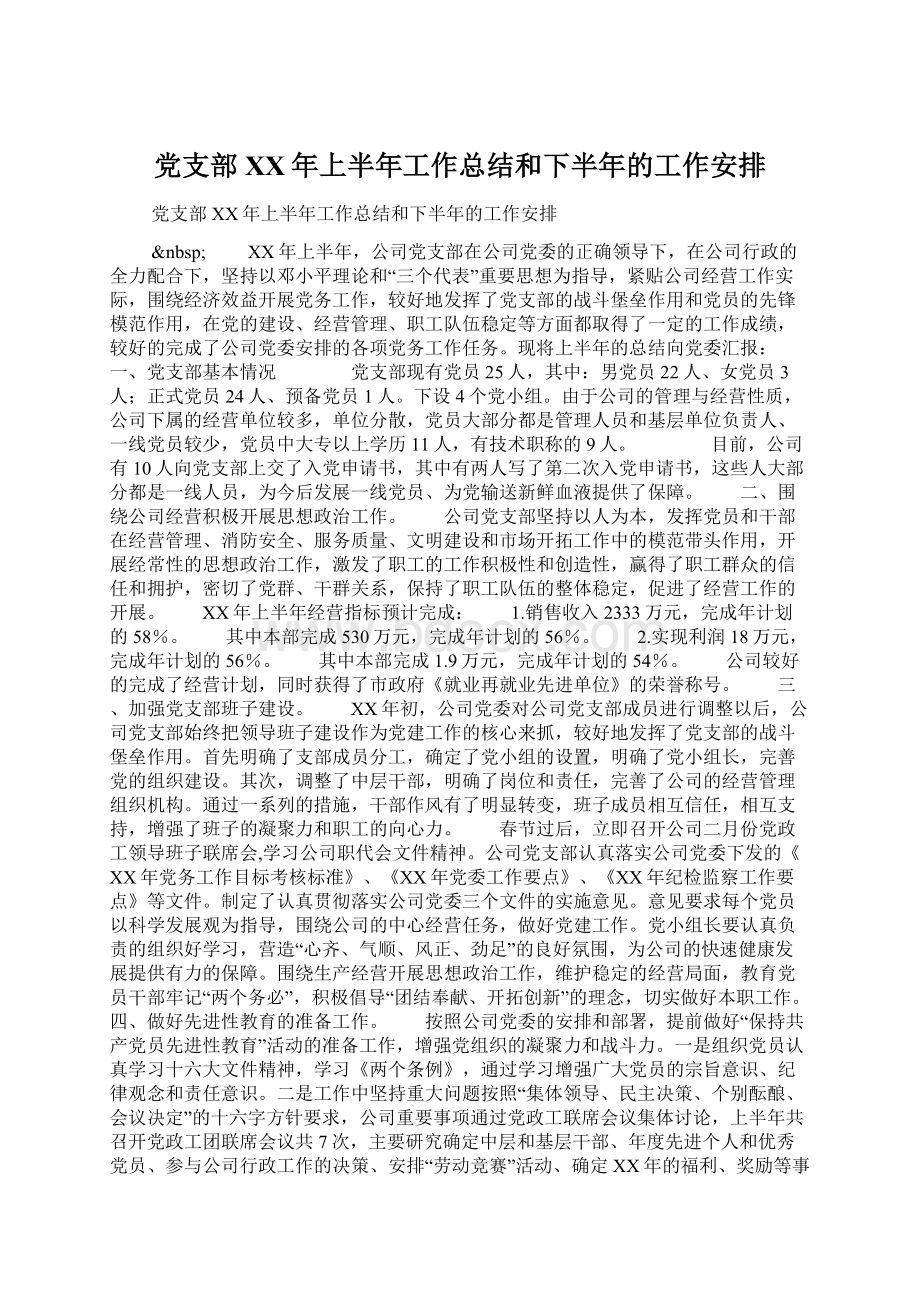 党支部XX年上半年工作总结和下半年的工作安排.docx_第1页