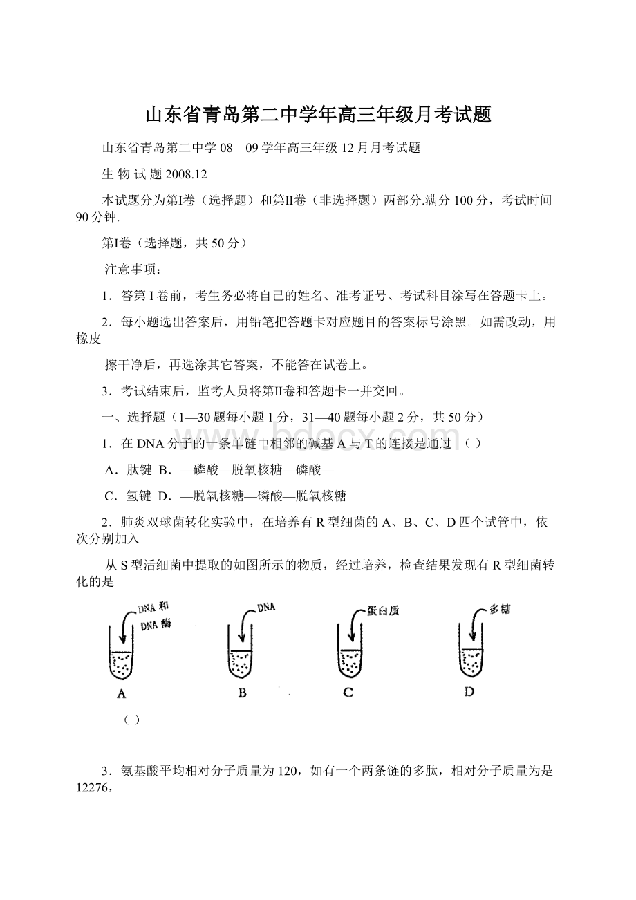 山东省青岛第二中学年高三年级月考试题.docx_第1页