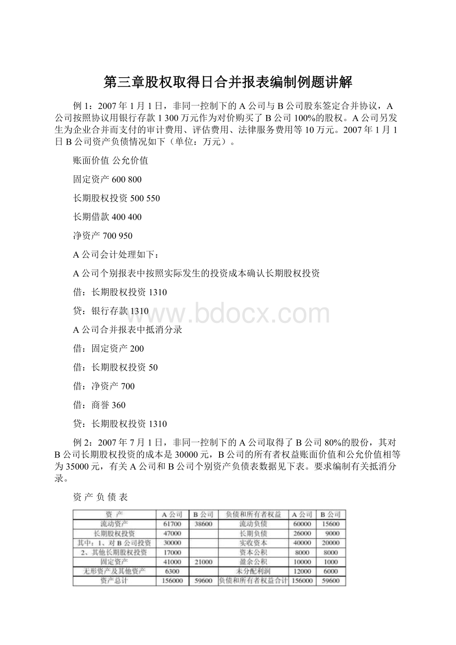 第三章股权取得日合并报表编制例题讲解文档格式.docx_第1页