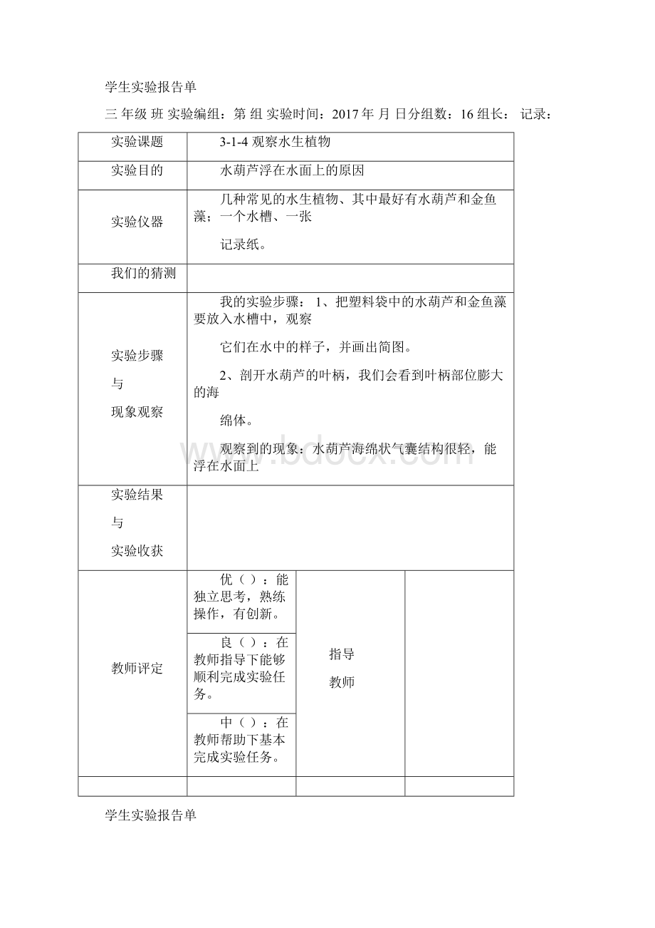 精选教科版三年级上册科学学生实验报告修订版.docx_第2页