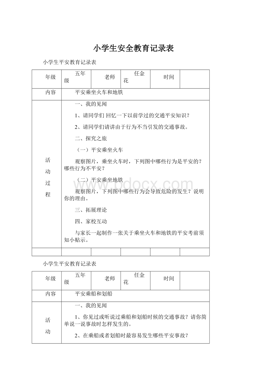 小学生安全教育记录表Word下载.docx