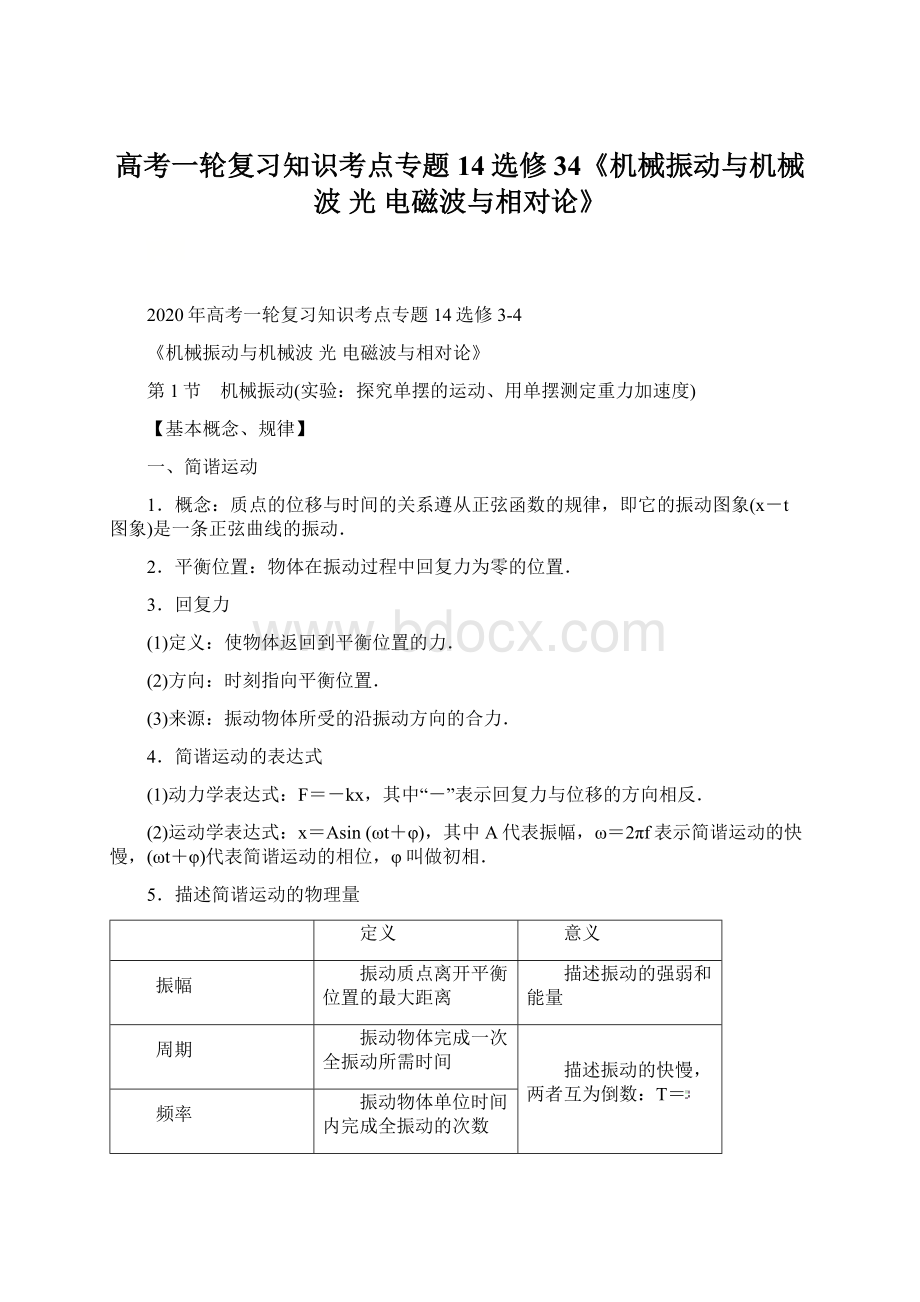 高考一轮复习知识考点专题14选修34《机械振动与机械波光电磁波与相对论》Word文档下载推荐.docx