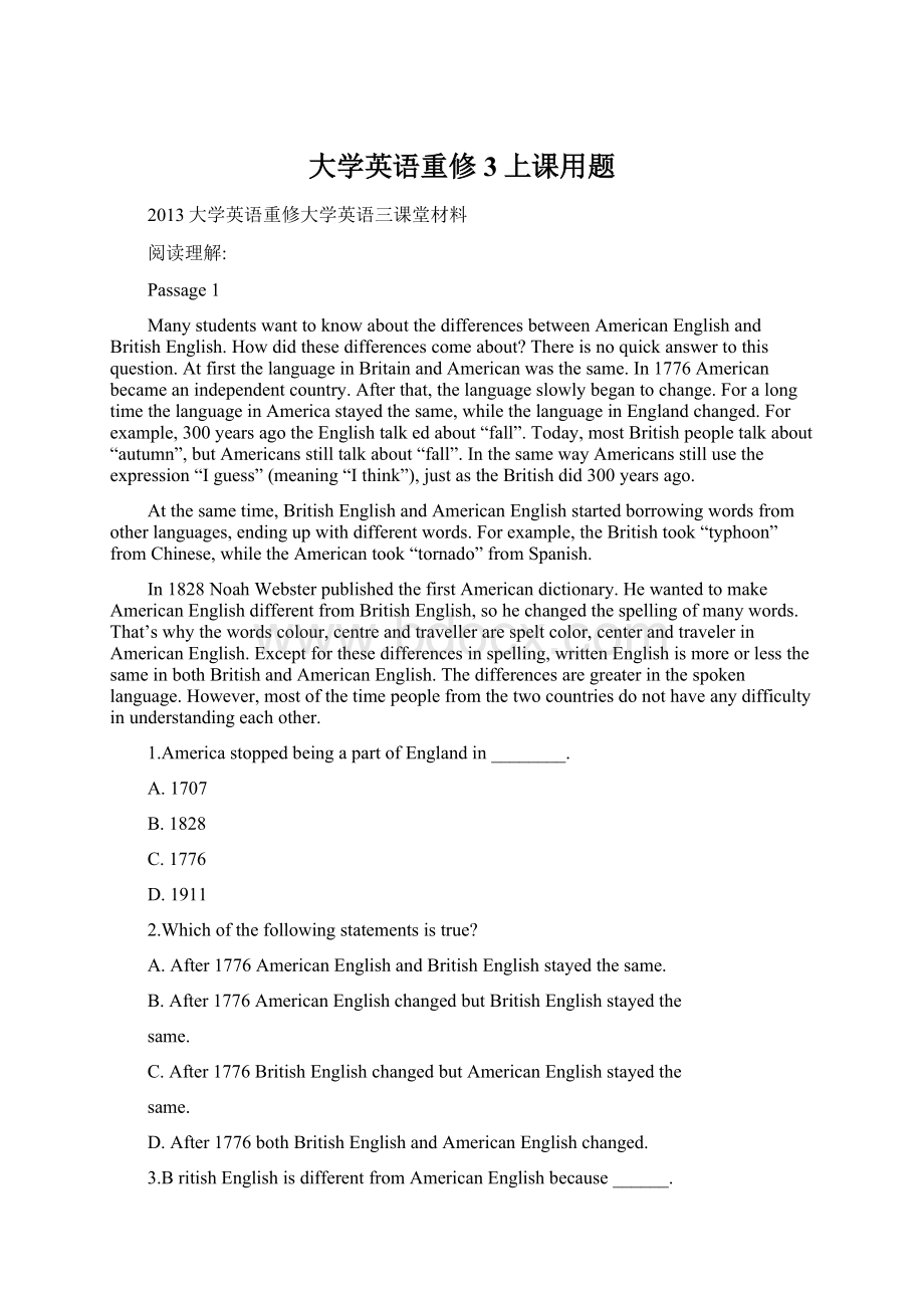 大学英语重修3上课用题Word格式.docx_第1页