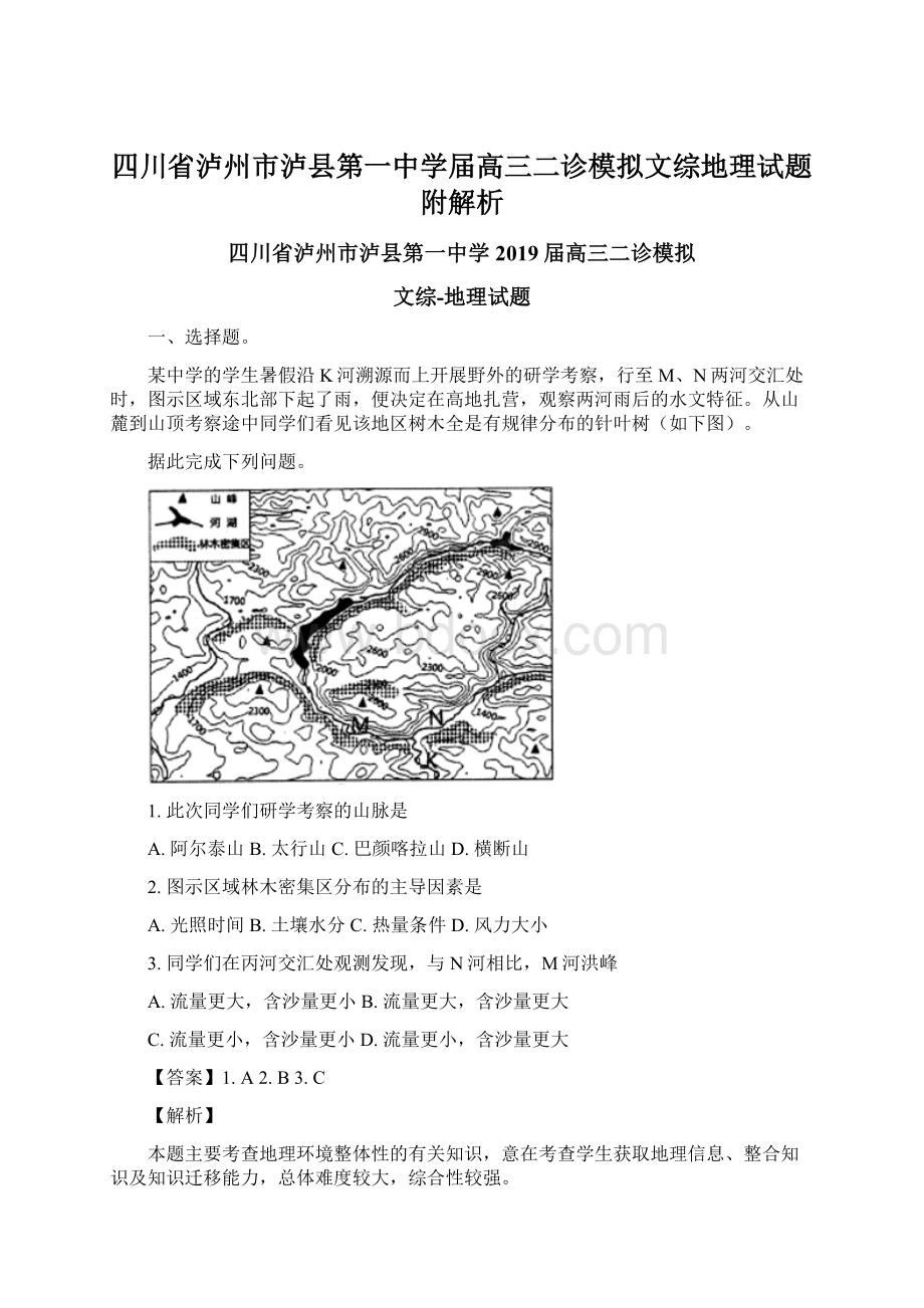 四川省泸州市泸县第一中学届高三二诊模拟文综地理试题附解析Word文档下载推荐.docx_第1页