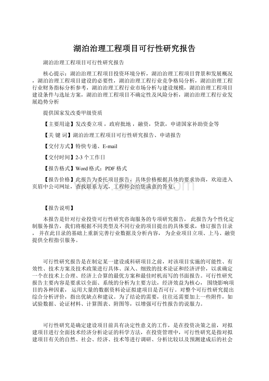 湖泊治理工程项目可行性研究报告文档格式.docx_第1页