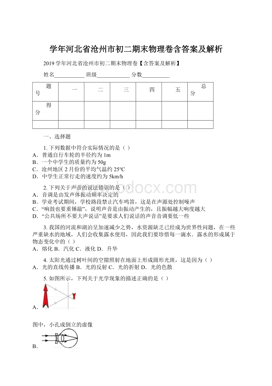 学年河北省沧州市初二期末物理卷含答案及解析.docx