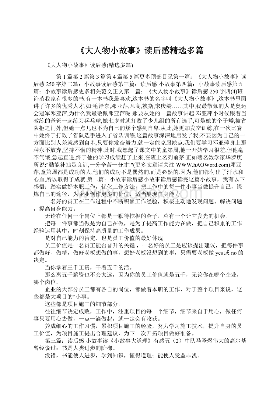 《大人物小故事》读后感精选多篇Word文档格式.docx