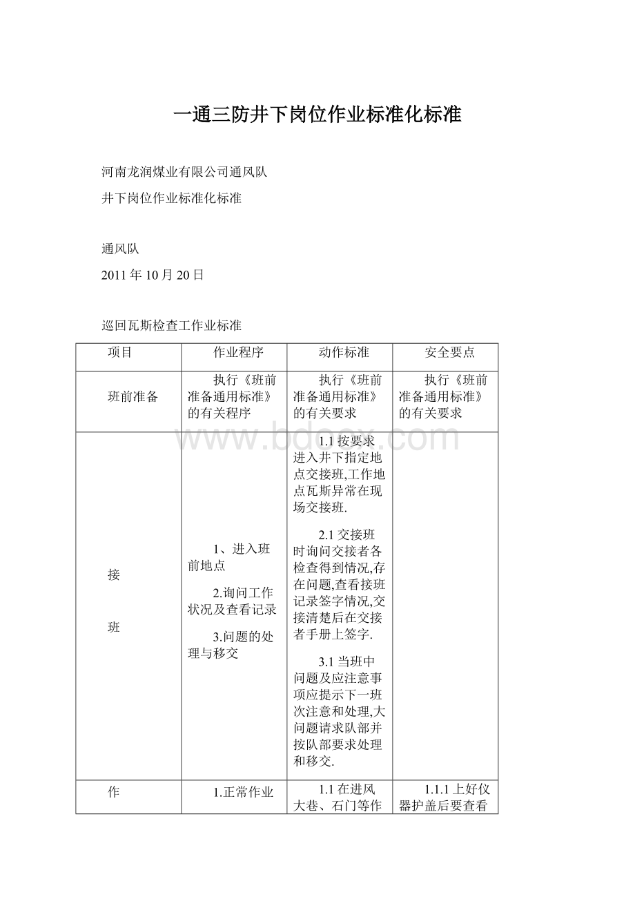 一通三防井下岗位作业标准化标准.docx